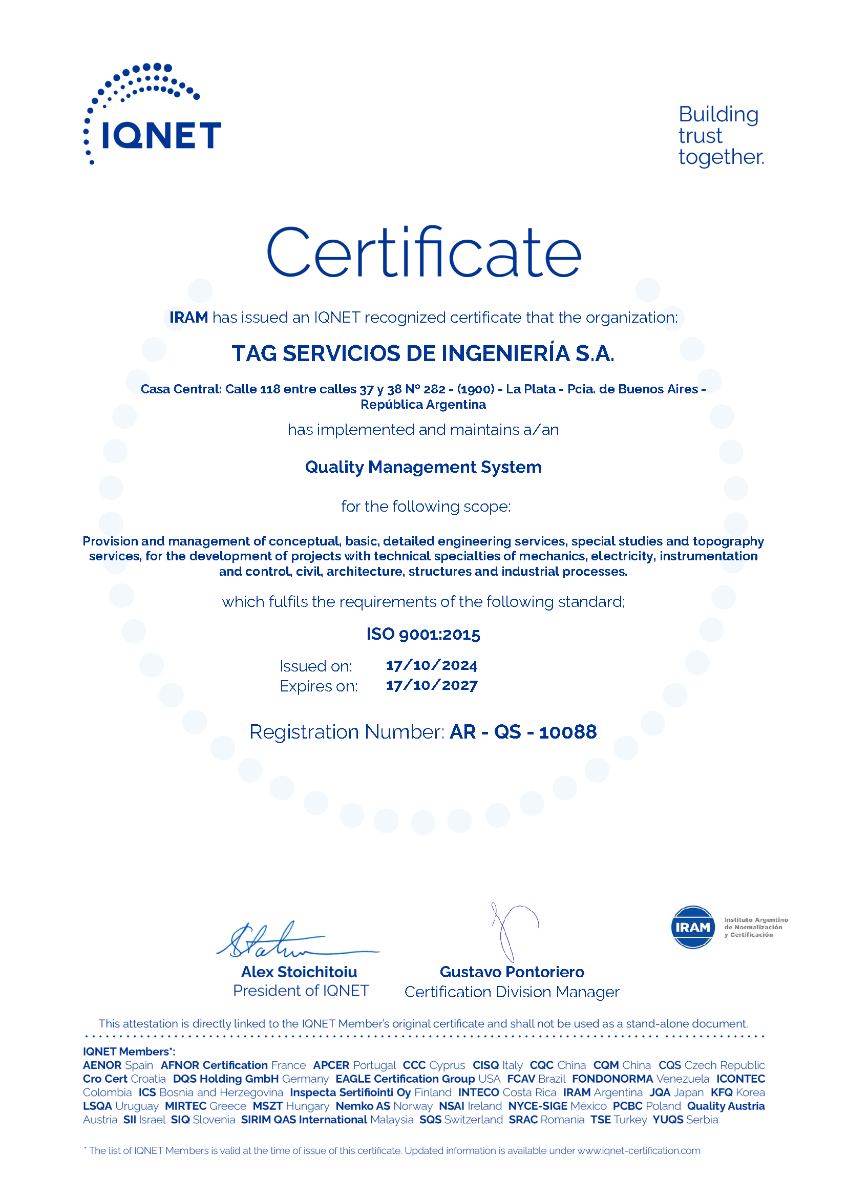 Certificado IQNET ISO 9001:2015 de TAG Servicios de Ingeniería S.A., registro AR-QS-10088