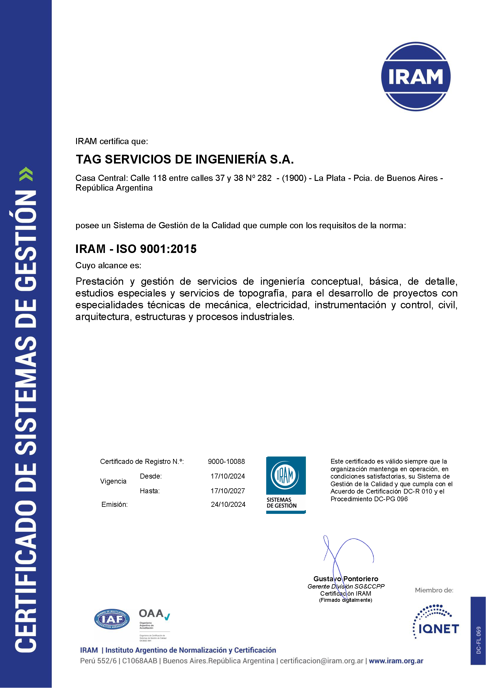 Certificado IRAM ISO 9001:2015 de TAG Servicios de Ingeniería S.A., registro 9000-10088